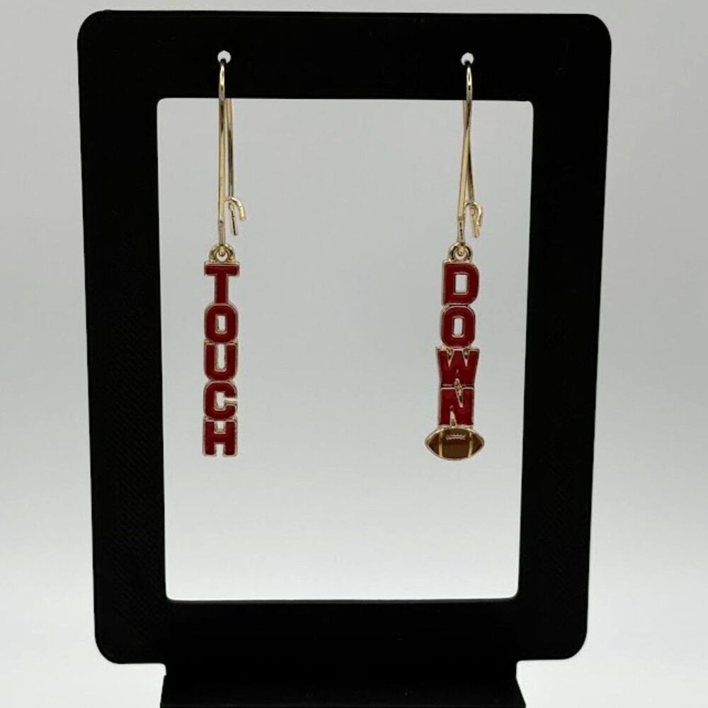 Touch Down Football Dangle Earrings Red Enamel Gold Tone Game Day Sports